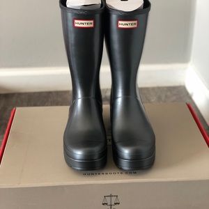 Shiny silver grey color & never worn hunter boots.